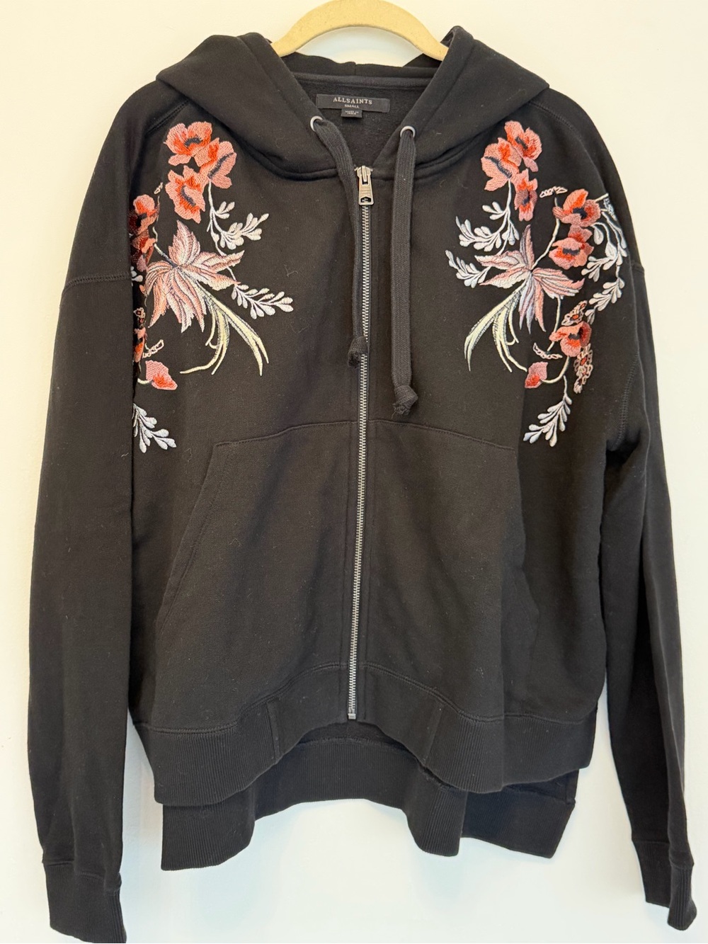 All Saints Black Zip Hoodie with Red Floral Embroidery